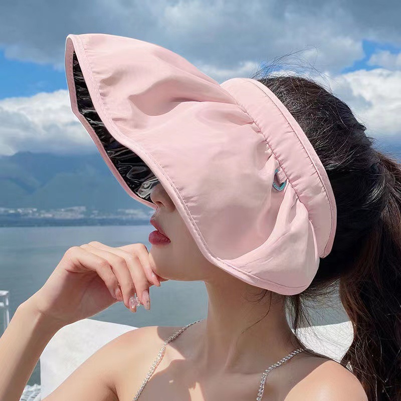 Black rubber sunscreen cap children's summer outdoor sunshade large eaves empty top sun hat seaside travel holiday hairband dual-purpose