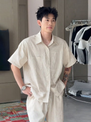 极简新贵老钱风亚麻套装男士夏季天丝棉麻混纺短袖衬衫短裤两件套