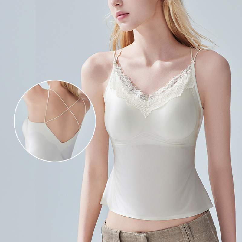 Mulberry Silk Satin Lace V Neck Camisole Women's 2025 New Outer Wear Summer Bra All-In-One Belly Covering Inner Wear