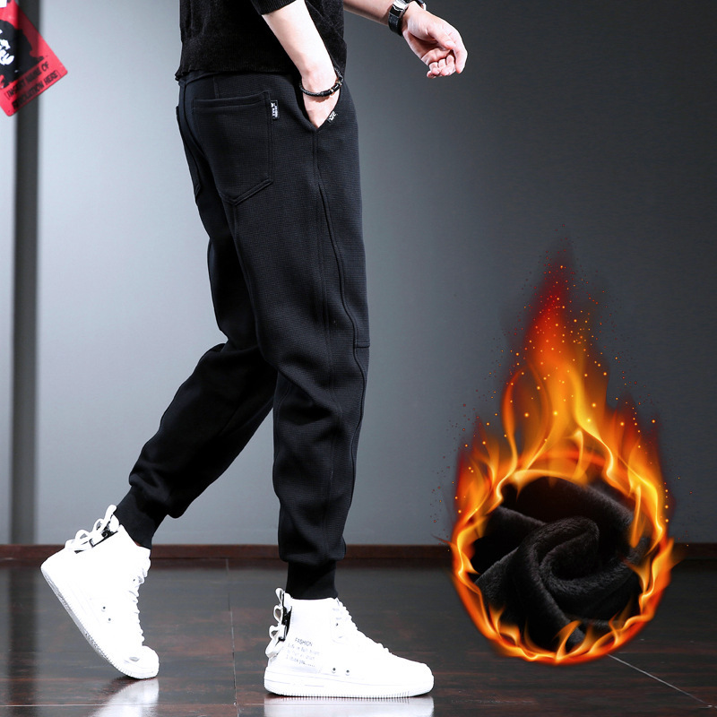 fleece-lined Thickened Casual Pants Men's Loose Leg Harem Pants Winter Non-ironing Sports Jogging Pants Black Fashionable All-match