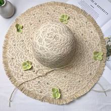 法式珍珠花片草帽女夏季大帽檐海边度假蝴蝶结太阳帽防晒帽子批发