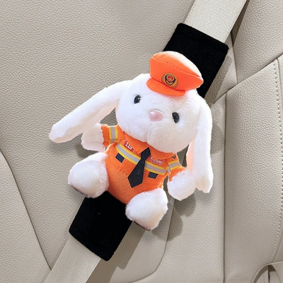 Seat belt shoulder pad: Cartoon Traffic Police Bear Plush - orange-hat-fireman-1-rabbit-ice-silk-shoulder-pad