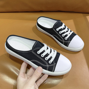 Half-Slip Canvas Shoes for Women, Couple Slippers Without Heel, Outer Wear, Toe-Cap Lazy Shoes, Pregnant Women's Versatile Casual Slippers for Women