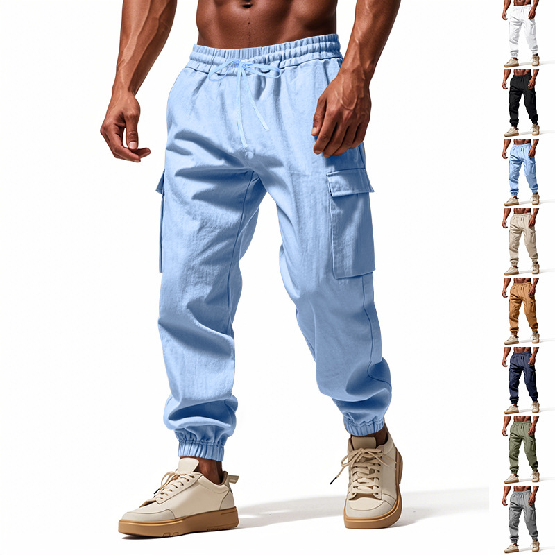Cross-border American Style Linen Men's Pants Summer Thin Amazon Outdoor Loose Multi-pocket Workwear Leg-toe Casual Pants for Men