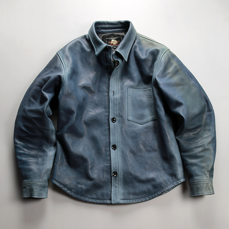 American Retro Hand-Rubbed Genuine Leather Shirt Men's Lapel Distressed Casual Blue Sheepskin Leather Jacket American Retro Hand-Rubbed Genuine Leather Shirt Men's Lapel Distressed Casual Blue Sheepskin Leather Jacket