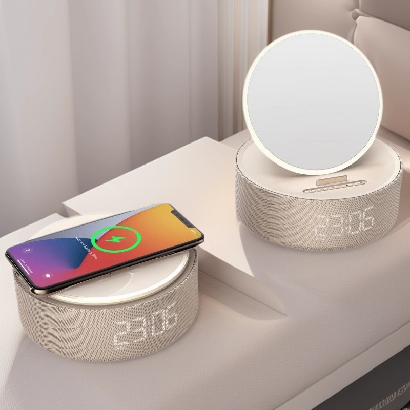 Cargador inalámbrico multifuncional de teléfono móvil de carga rápida Bluetooth sonido lámpara de noche reloj despertador lámpara de escritorio espejo de maquillaje festival