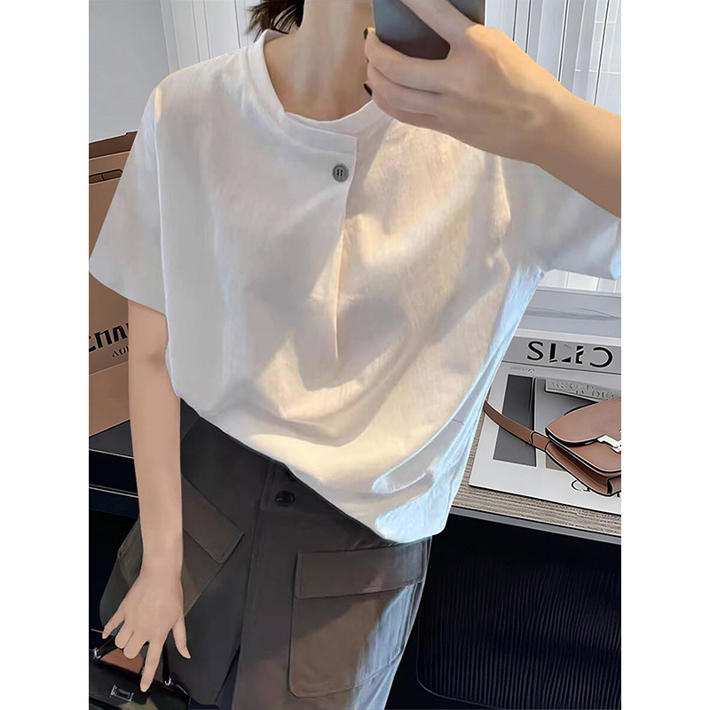 Designed Button-Front Pure Cotton Short-Sleeve T-Shirt for Women, Summer 2026, Casual and Slimming, Age-Reducing White Top