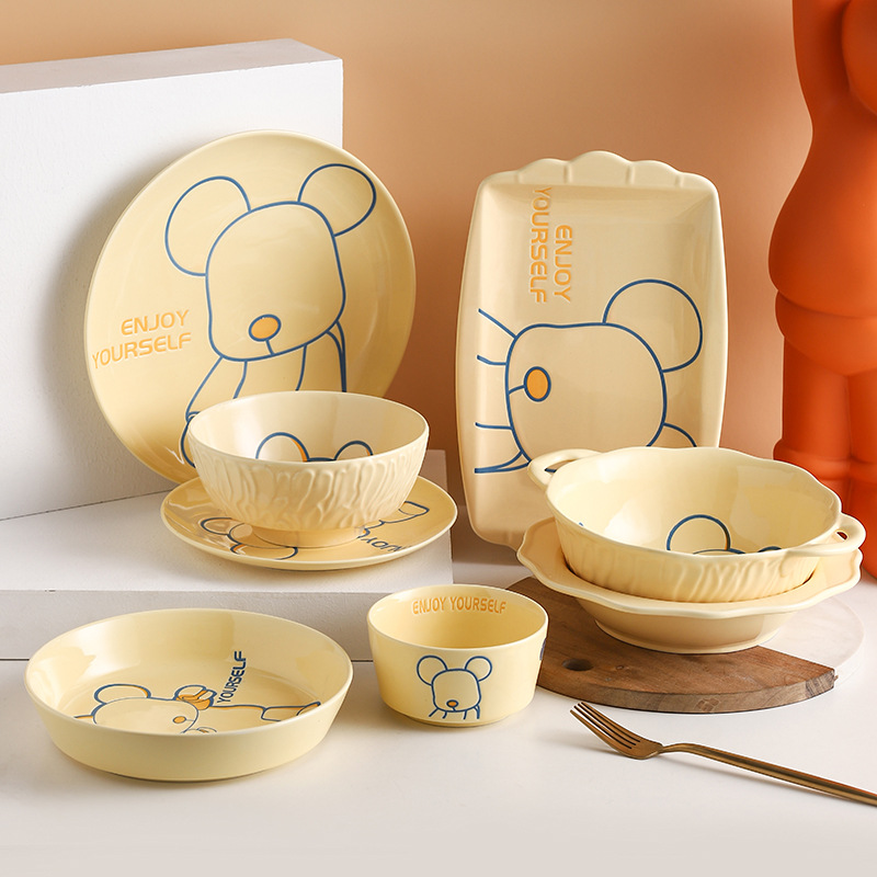 陶瓷餐具高颜值卡通小熊米饭碗家用餐厅菜盘子鱼盘餐具套装