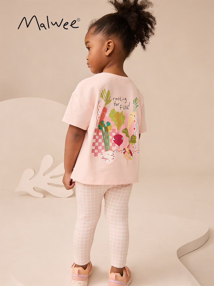Malwee transfronterizo conjunto de niñas 2026 nueva camiseta de cuello redondo de verano europea y americana para niños de manga corta dos piezas