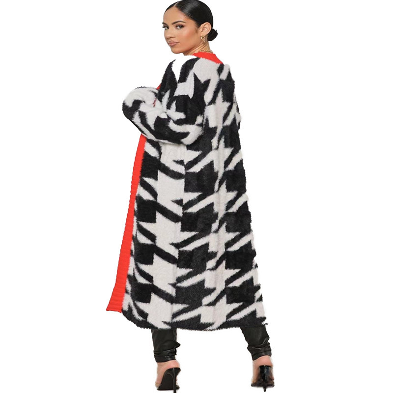 2024 cross-border Europe and the United States explosions houndstooth knitted Antarctic velvet coat coat loose cardigan coat factory outlet_voghion.com