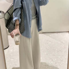 法式全棉蓝色衬衫女2025秋季韩系宽松休闲polo衬衣长袖气质上衣新