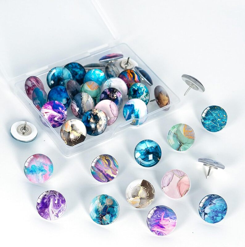 Cross-Border New Glass Crystal Thumbtacks Marble Texture Thumbtacks Silver Flat Head Thumbtacks Set DIY Cork Board