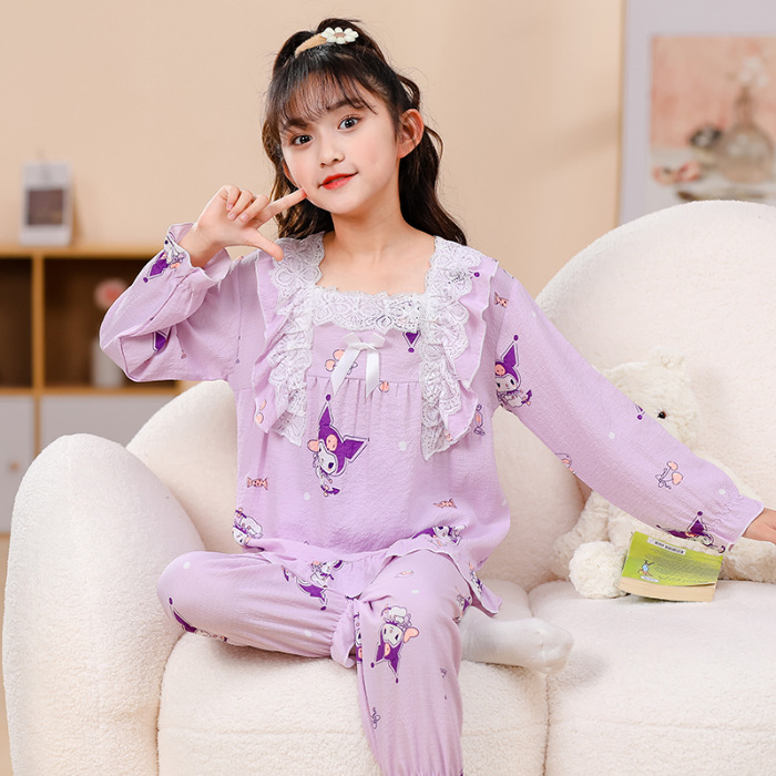 Pijamas infantiles primavera y otoño delgada espuma tela arrugada ropa para el hogar niñas dibujos animados aire acondicionado ventilado ropa de verano