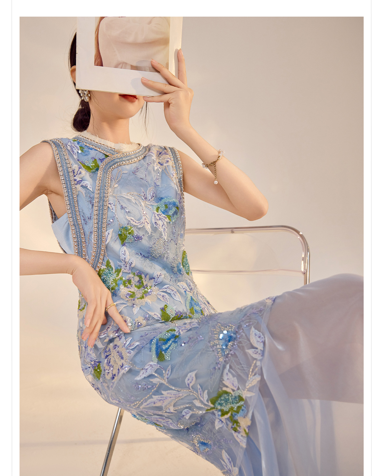 Váy sườn xám maxi thêu sequin phong cách Trung Quốc mới mùa hè N5042 — hồng, Xanh lam sông băng chi tiết 3