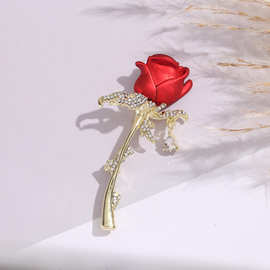画油镶钻红色玫瑰花胸针大衣西服胸花固定衣服别针高档时尚配饰女