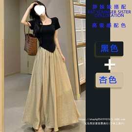 大码女装新中式假两件方领连衣裙女夏季胖气质高级感显瘦字裙