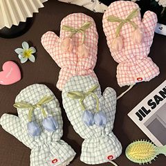 冬季格子小花手套女款保暖加绒五指全包骑行防风防寒加厚挂脖手套