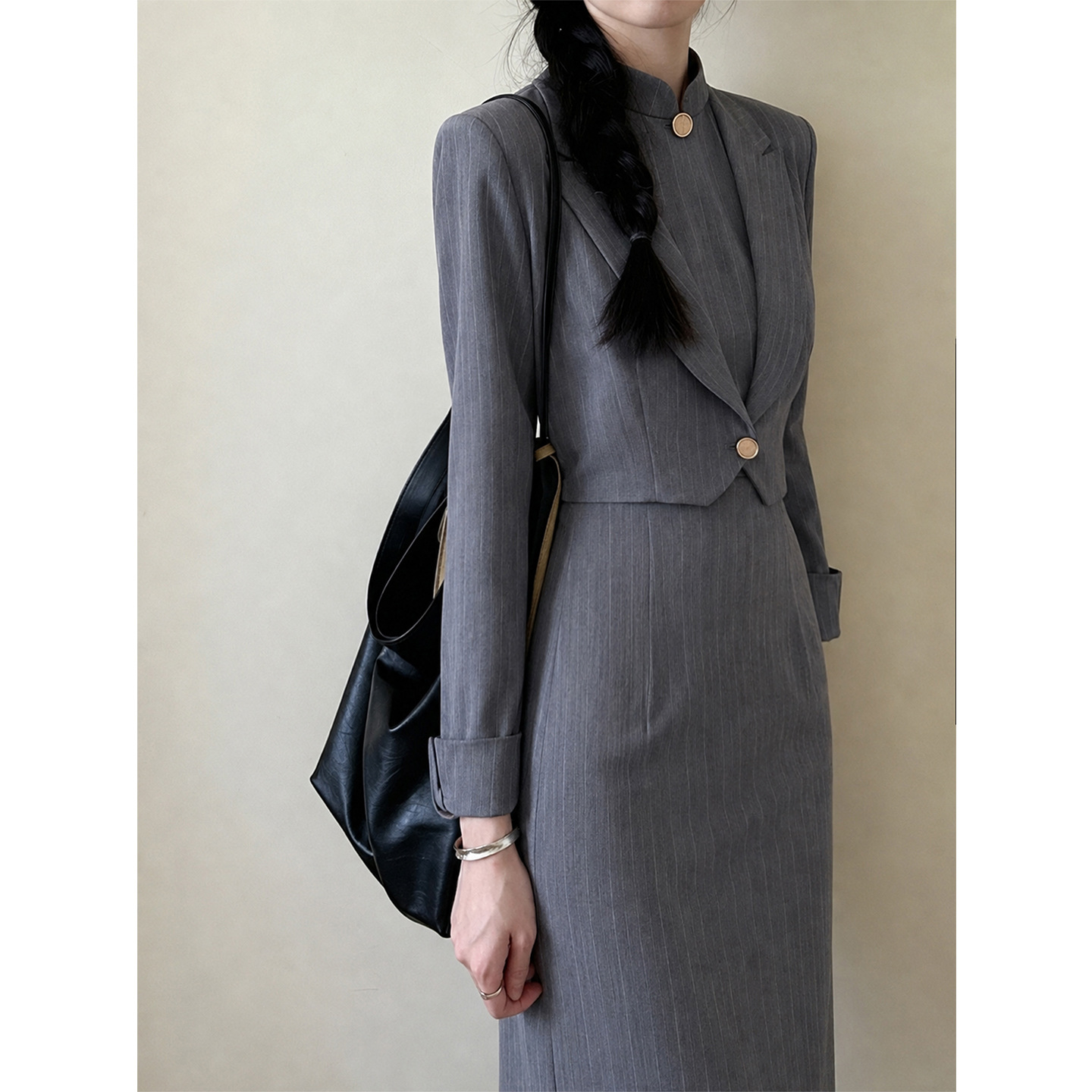 Luoshibo "Berlin" New Chinese Style Retro Improved Gray Striped Qipao Dress for Women's Daily Wear