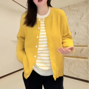 plus size Women's Striped Long-sleeved Fake Two-piece Elegant Slimming Casual Fashion Round Neck Wool Knitted Cardigan