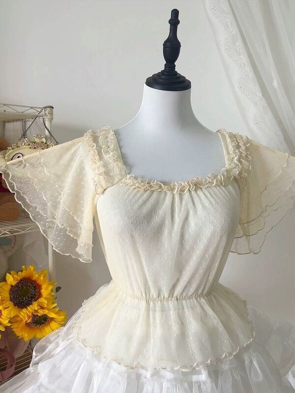Ruffled Off-Shoulder Round Neck Puff Sleeve Short Shirt for Women 2024 Summer Versatile Slim-Fit Stylish Top