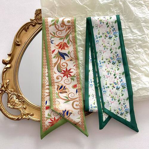 French retro green silk scarf with high fashion hair tie, hair bundle, flowing ribbon, elegant and versatile, matches with shirts and tie decorations