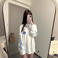 国潮牌美式高街梵文十字架白色长袖t恤女秋季宽松纯棉打底衫上衣