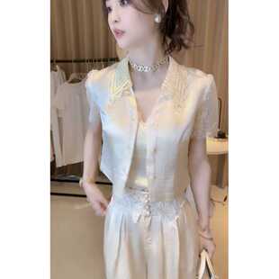 Summer Shirt New Chinese Style Hollow Collar Slim Short-Sleeved Women + High Waist Straight Sequin Loose Culottes Suit