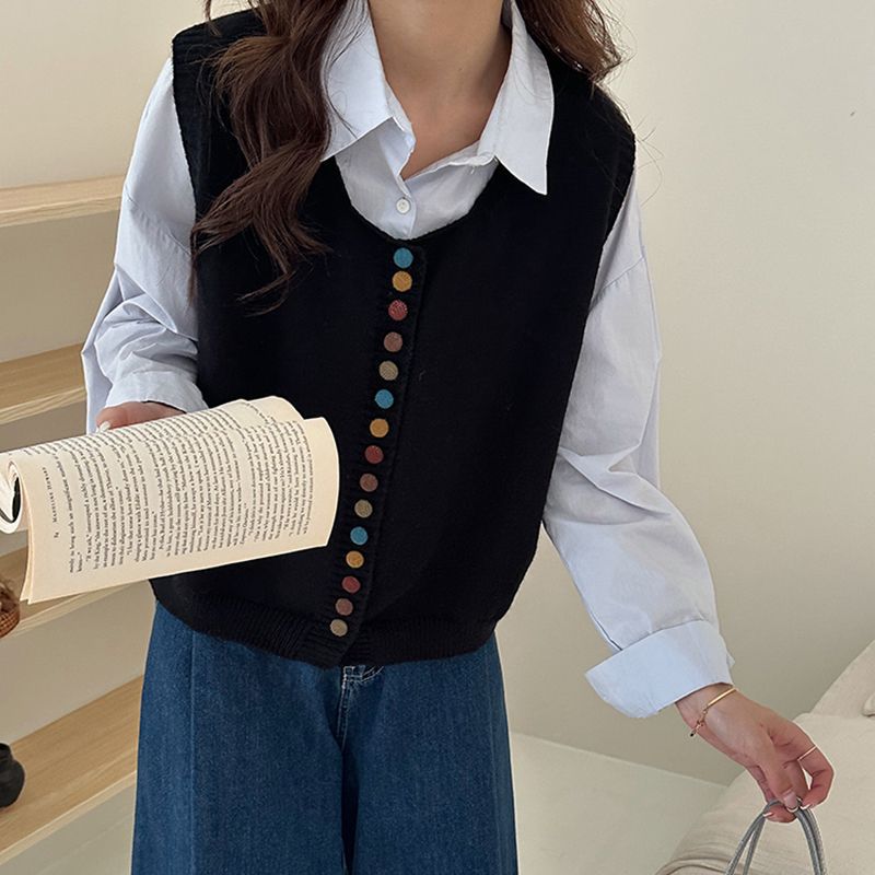 【 Cashmere Family 】 Wollstrickjacke ärmellos lockerer Pullover vielseitige Weste Schulteroberteil Damen Herbst_voghion.com