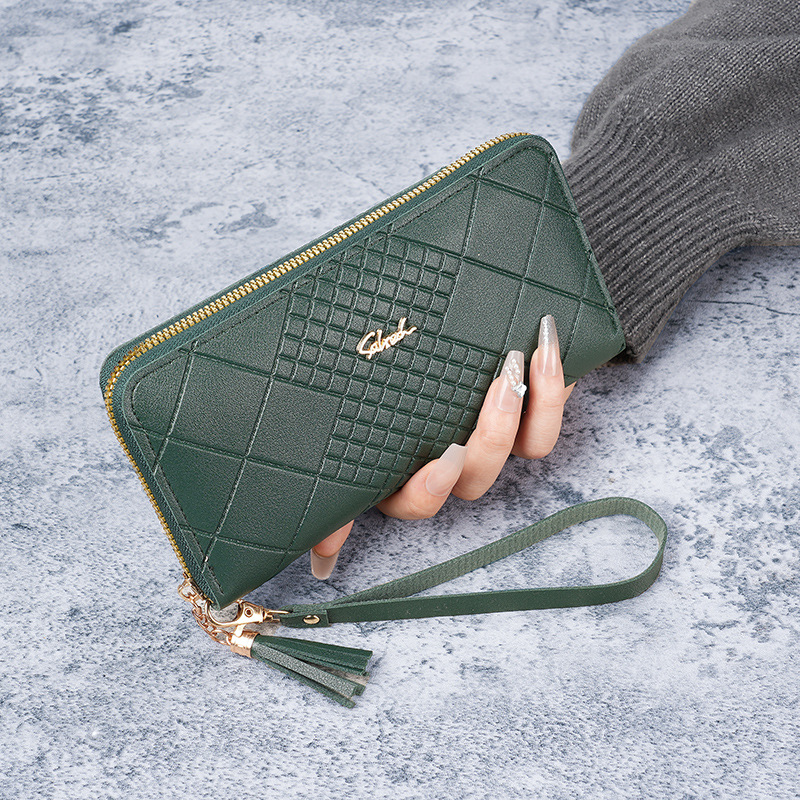 Cartera de mujer larga coreana, bolso de mano, bolso de teléfono móvil, bolso de mano con cremallera simple en relieve de mujer larga