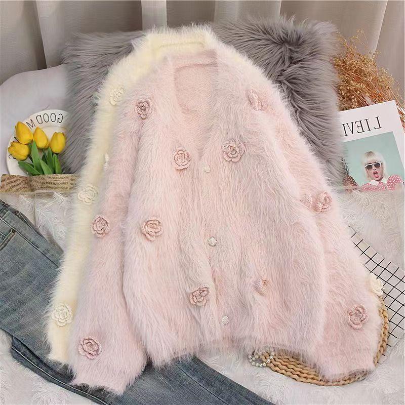 Faux mink velvet three-dimensional flower sweater coat women's winter thickened Korean style western style loose lazy style knitted cardigan