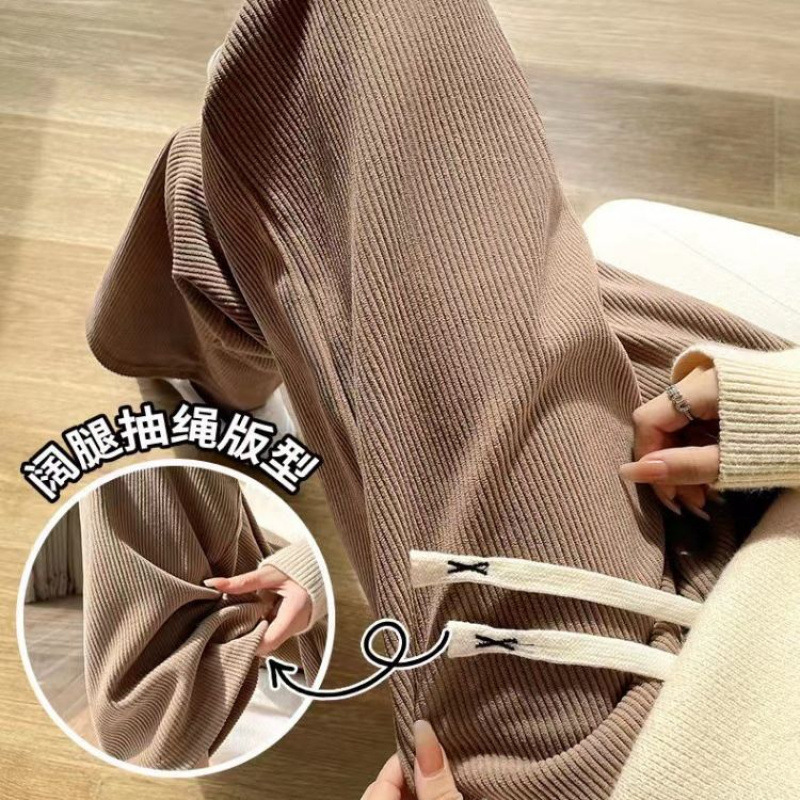 加绒灯芯绒阔腿裤女秋冬新款欧棉绒女裤高腰宽松休闲垂感直筒长裤|undefined