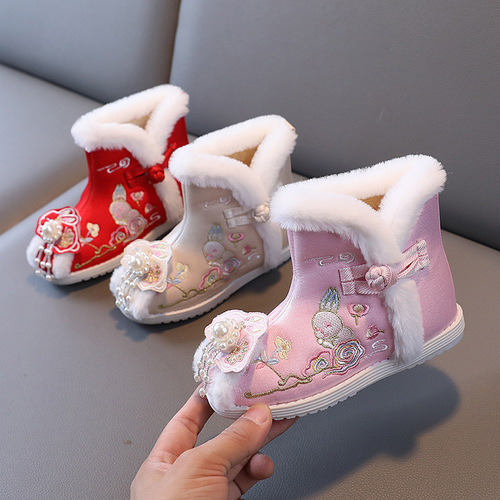 Hanfu girl embroidered pink shoes Chinese princess cosplay boots Chinese New Year greetings national wind single boots old Beijing ugg boots