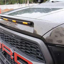 适用15-20年福特猛禽F150机盖沙石挡碳纤纹昆虫挡带LED行车灯警示