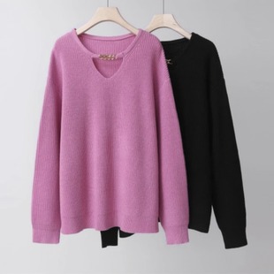 Chubby Jiajia [plum cooked] round neck chain sweater women's loose long sleeve pullover sweater