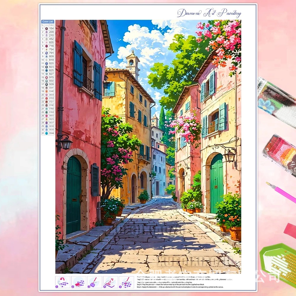 Venta caliente transfronteriza dibujos animados ciudad de bricolaje casa paisaje lleno de diamantes sala de estar dormitorio decoración pegatinas fabricante de pintura de diamantes