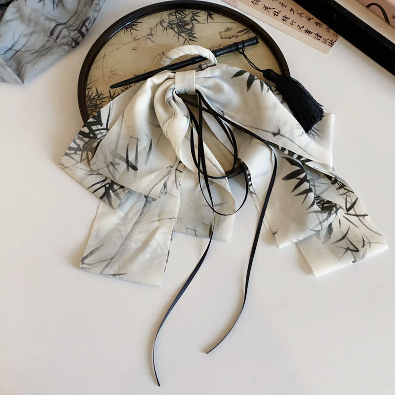 New Chinese Bamboo Leaf Ink Painting Bow Tassel Hairpin Elegant Retro Wood Hairpin Headwear Antique Advanced Hair Accessories