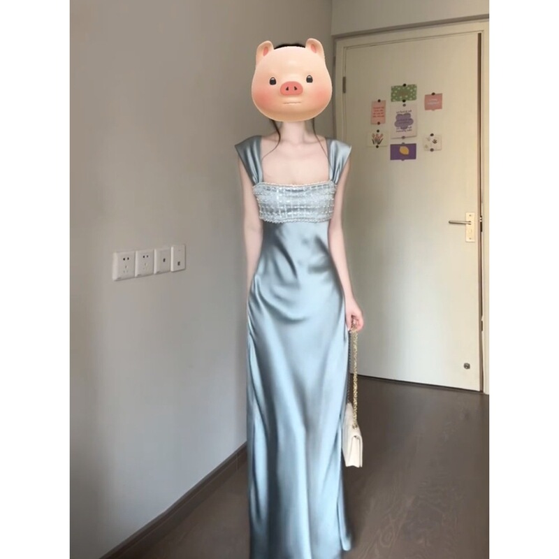 Satin Luxurious Banquet Dress for Women, Heavy Beaded Strap Dress, Summer Party Elegant Socialite Style Long Dress Satin Luxurious Banquet Dress for Women, Heavy Beaded Strap Dress, Summer Party Elegant Socialite Style Long Dress