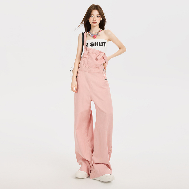 American Style High Street Denim Strap Pants Women's Summer 2025 New Loose Retro High Waist Straight Small Wide Leg Pants