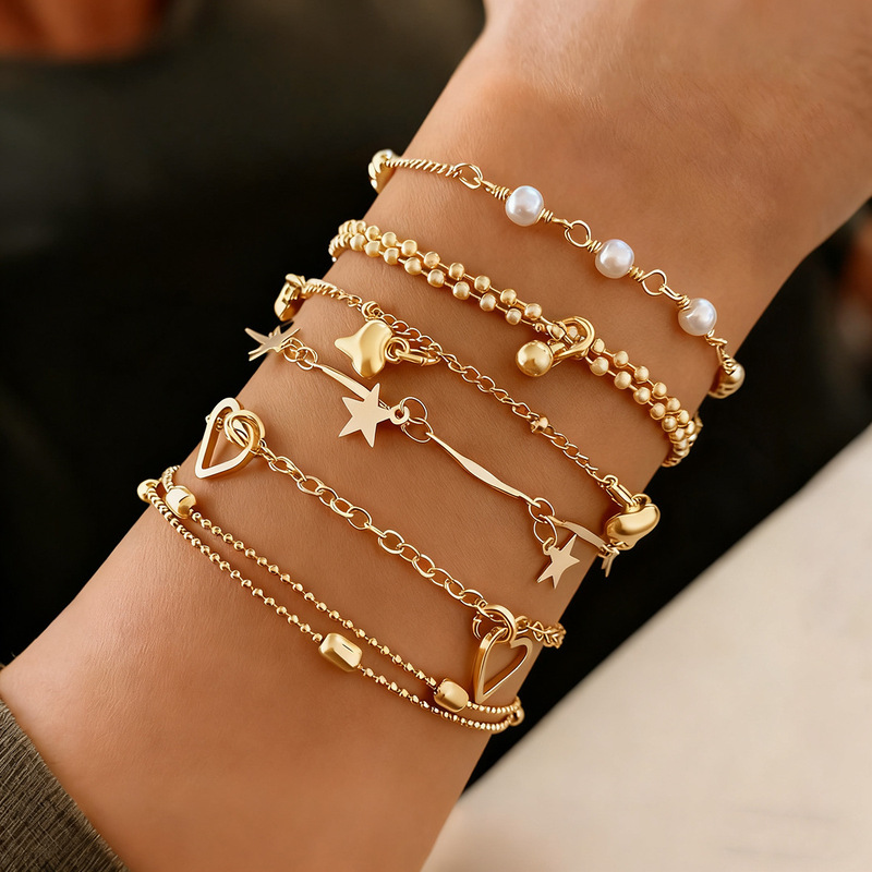 Cross-Border Hot-Selling 6-Piece Set of Heart and Star Shaped Stacked Bracelets, Creative and Versatile, Fashionable Hand Accessories for Women