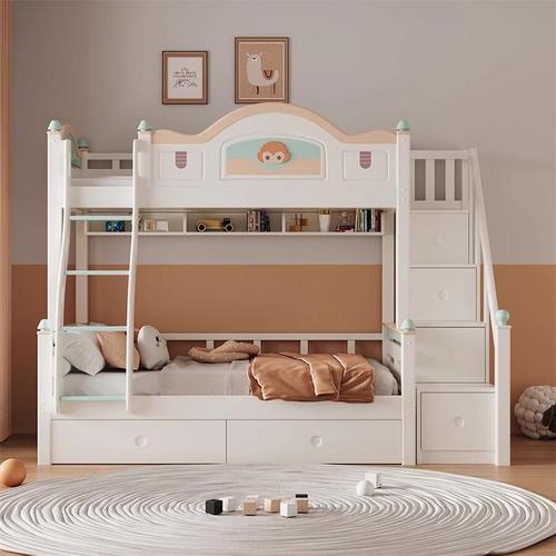 All solid wood small apartment double bed children's bed home bedroom high and low bed cute cartoon ladder up and down bed