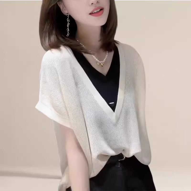 Áo thun nữ tay ngắn cổ chữ V giả hai mảnh dáng rộng che bụng — Màu đen chi tiết 2