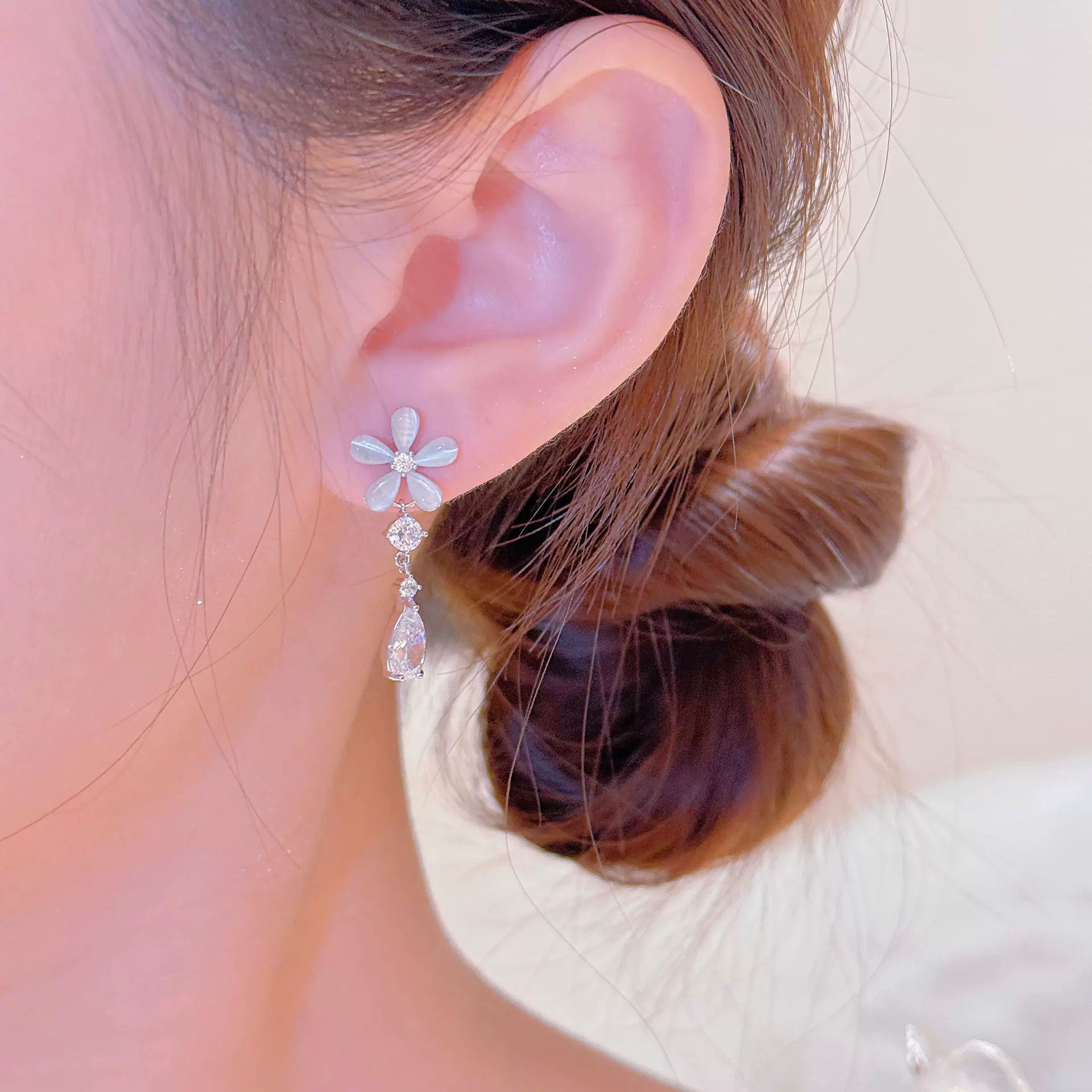 跨境日韩精致耳钉花朵925银针水滴饰品气质轻奢高级感耳饰耳钉