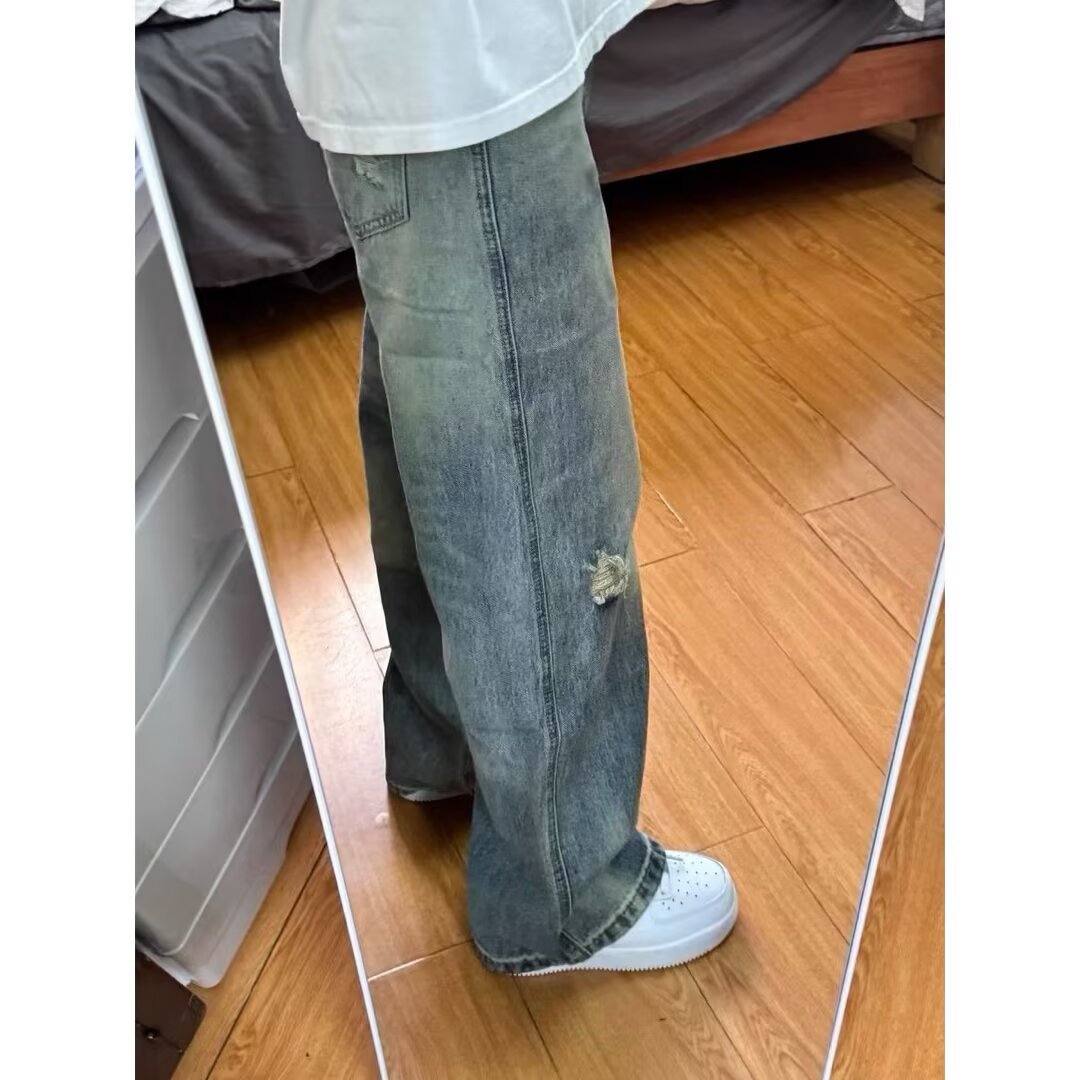 Jeans juveniles agujeros para hombres 2026 nuevos pantalones retro callejero delgado pantalones casuales recto para hombres