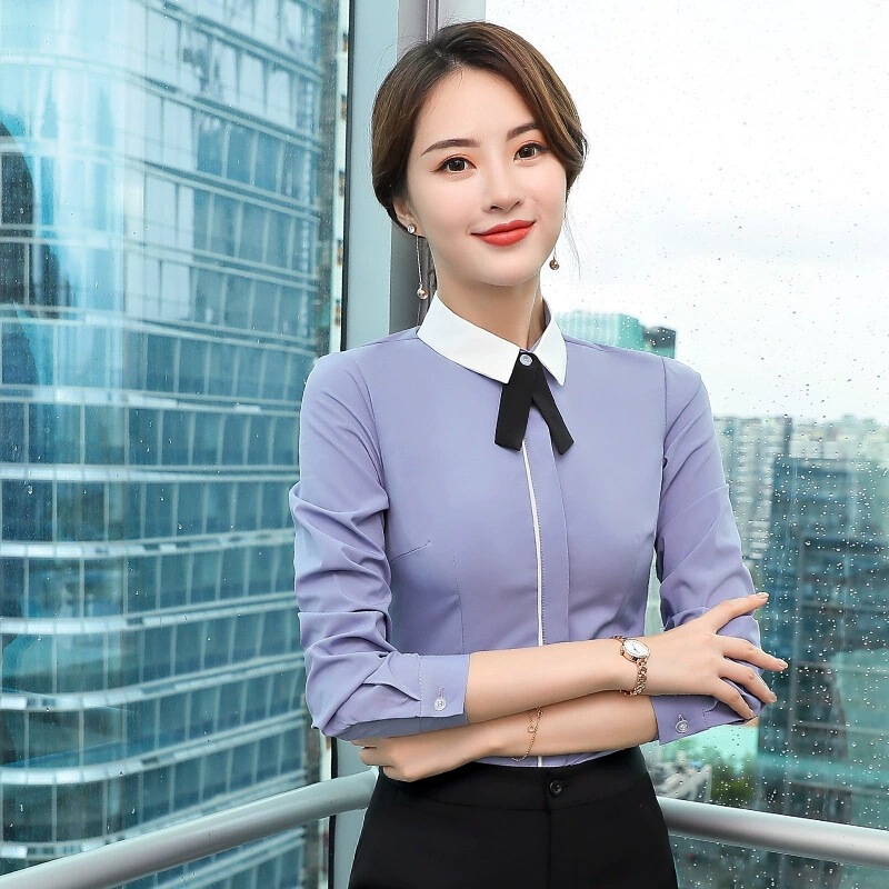 Professional Shirt Women's Long-Sleeved White Light Blue Hotel Hotel Waiter Front Desk Office Shopping Mall Customer Service Workwear