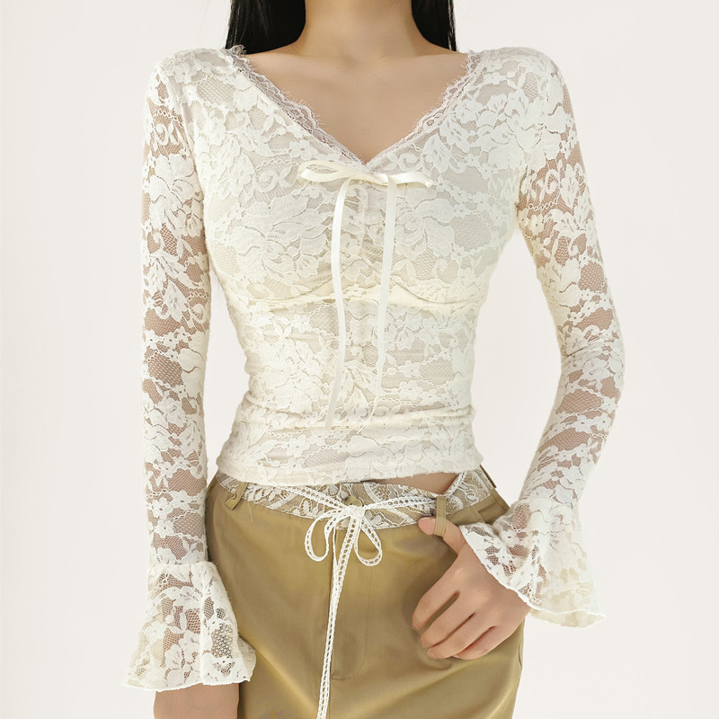 Fashionable Age-Reducing Sexy Slim-Fitting Bell-Sleeved Bow-Tie Bottoming Top for Women Full Lace Brushed Long-Sleeved T-Shirt