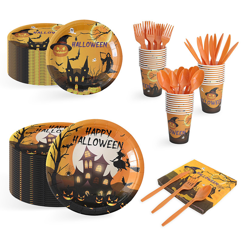 Cross-Border Halloween Themed Dinner Plate Ghost Party Decoration Disposable Paper Plate Tissue Paper Cup Tableware Set Supplies