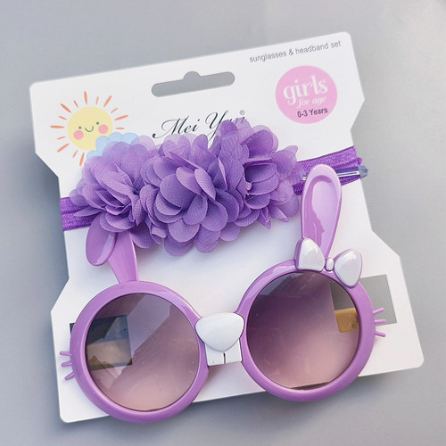 Children's hairband sunglasses set, sunglasses and belt combination, cartoon style sunshade glasses, solid color chiffon flower hair accessories