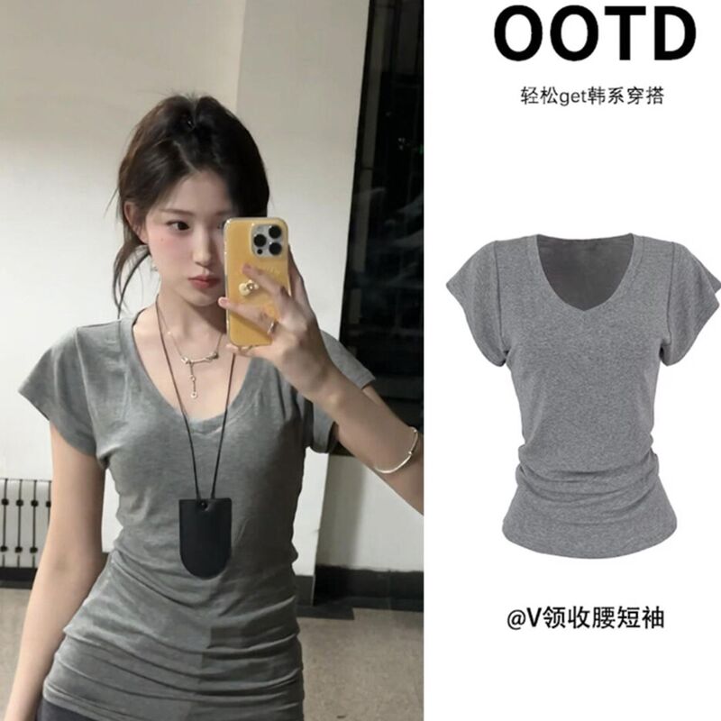 2026 New Style Lazy Style V-Neck Short-Sleeved T-Shirt for Women, Mid-Length Slim-Fitting Waist-Cinching Top for Summer Wear