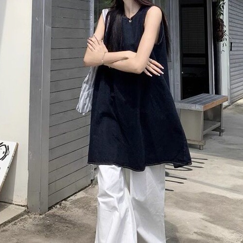Casual Lazy Style Set Sleeveless Round Neck Loose Dress Women's Summer High Waist Straight Leg Pants Wide Leg Pants Two-Piece Set 