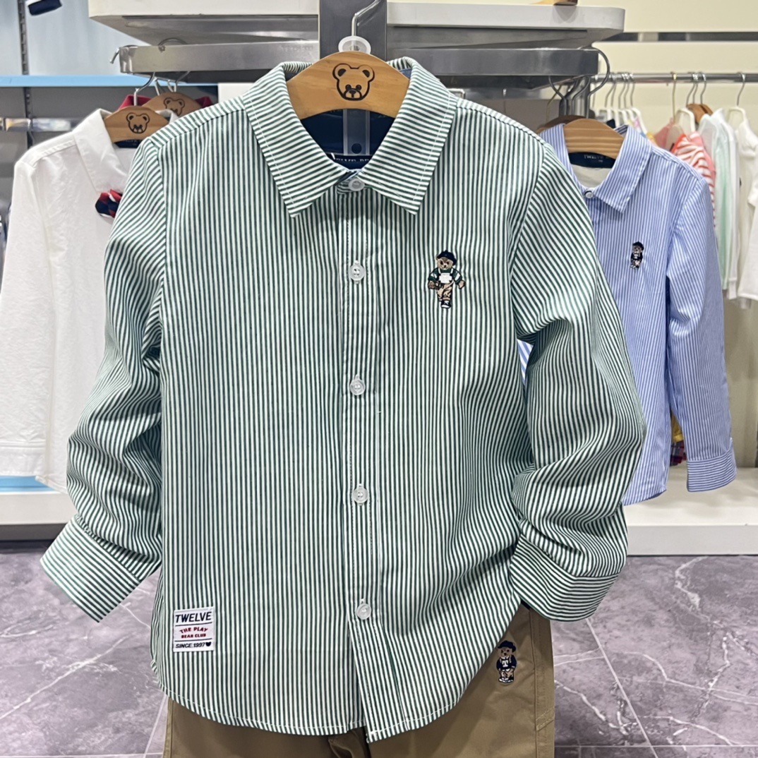 Little Bear children's clothing, spring and autumn style, boys' green striped shirt, long sleeve, YS211201B, dropshipping available.